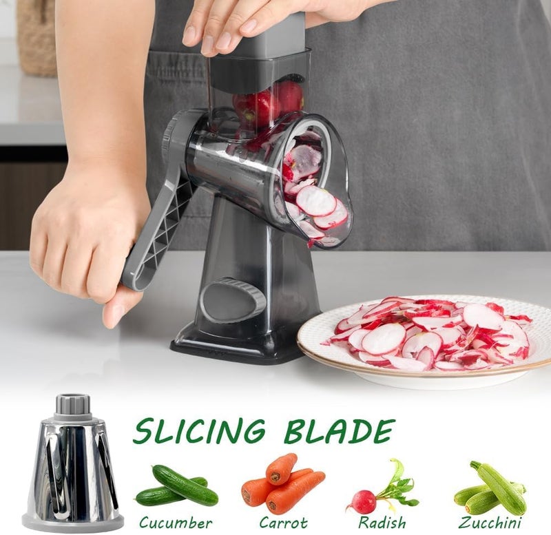 Maxceysen 3 in 1 Manual Vegetable Cutter Machine with Stainless Steel Changeable Blades Rotary Cheese Grater Kitchen Tool Potato Slicer Shredder Nuts Chocolate Chopper (Transparent black) - Image 2